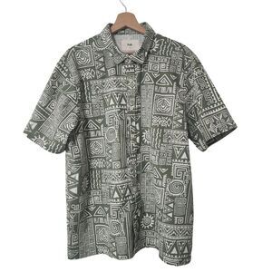 Folk Clothing Men XL Short Sleeve Button Down Shirt Green Ivory Tribal Geometric